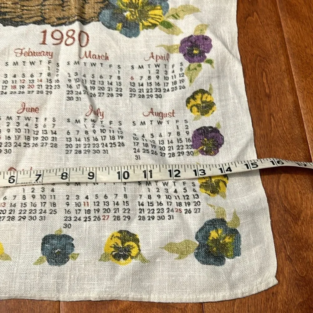 Vintage 1980 calendar with pansies tea towel